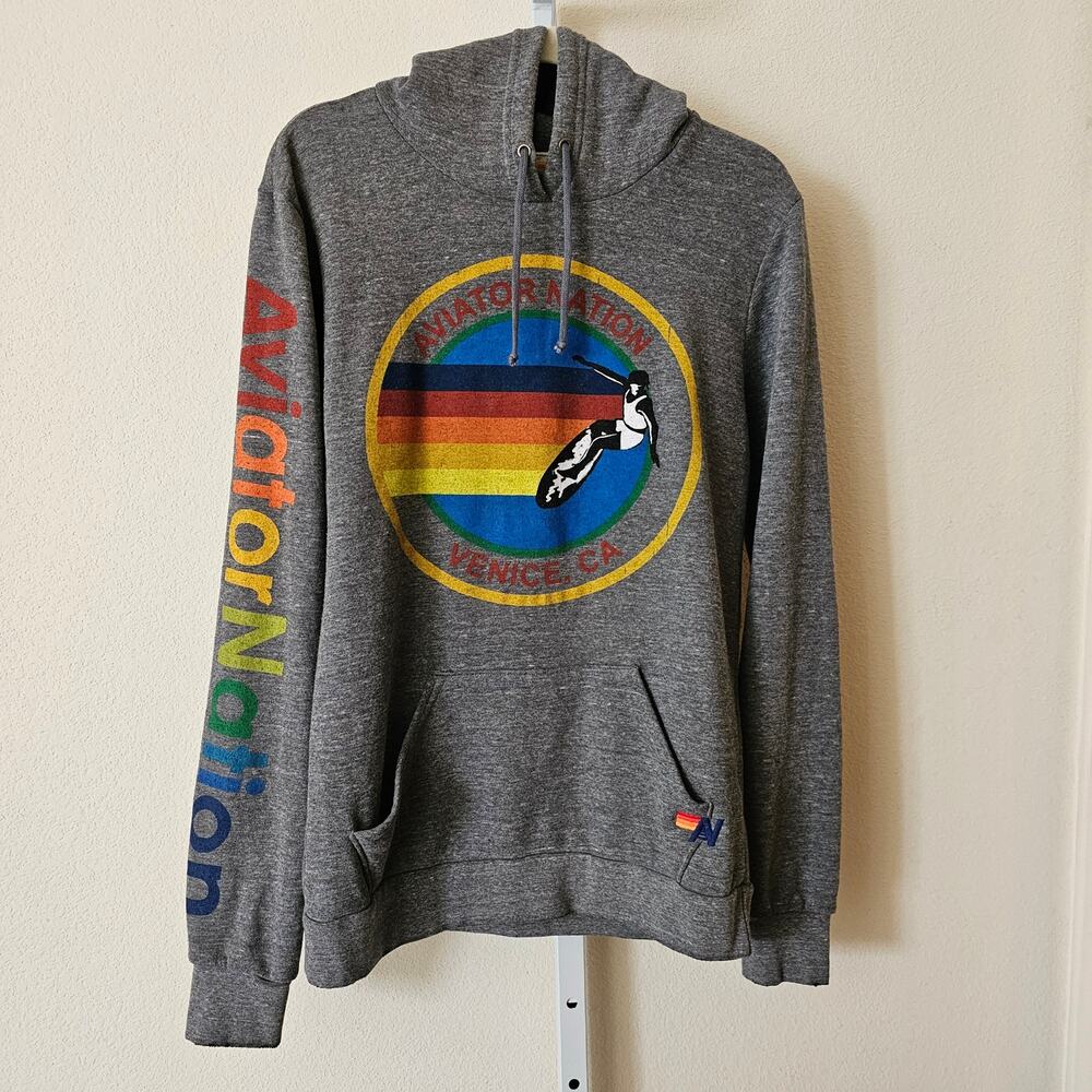 AVIATOR NATION Heather Grey Venice CA Drawstring Rainbow Surf Hoodie Sz M